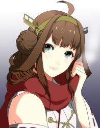 Rule 34 | 10s, 1girl, ahoge, aqua eyes, bad id, bad pixiv id, blush, breath, brown hair, chain, closed mouth, detached sleeves, gradient background, hairband, headgear, hoshino (cona), japanese clothes, kantai collection, kongou (kancolle), long hair, looking at viewer, nontraditional miko, red scarf, ribbon-trimmed sleeves, ribbon trim, scarf, smile, solo, upper body