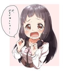 Rule 34 | 1girl, black hair, blush, breasts, brown hair, collared shirt, cropped torso, drooling, forehead, hands up, highres, idolmaster, idolmaster cinderella girls, long hair, looking at viewer, medium breasts, ohnuma kurumi, open mouth, pink background, saliva, shirt, sidelocks, solo, sweat, tears, translation request, two-tone background, upper body, very long hair, wavy mouth, white background, white shirt, yukie (kusaka shi)