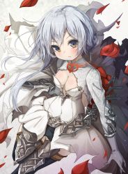 Rule 34 | 1girl, asymmetrical hair, black thighhighs, blush, braid, breasts, brown eyes, cleavage, closed mouth, covered navel, dress, grey hair, long hair, looking at viewer, matokechi, medium breasts, petals, sidelocks, sinoalice, snow white, snow white (sinoalice), solo, thighhighs, white dress