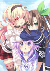 Rule 34 | &gt;:), &gt;:o, 10s, 3girls, :d, :o, arm on own head, belt, black legwear, blush, bow, breast rest, breasts, breasts on head, brown hair, choujigen game neptune, collar, compa, detached sleeves, emblem, female focus, girl sandwich, green eyes, hair bow, hair ornament, hairband, hood, hooded track jacket, if (neptunia), jacket, large breasts, long hair, long sleeves, looking at viewer, looking up, multiple girls, neptune (neptunia), neptune (series), official art, open mouth, orange eyes, orange hair, pink eyes, pink hair, plaid, plaid skirt, purple eyes, purple hair, ribbed sweater, sandwiched, short hair, shorts, skirt, sleeves past wrists, smile, sweater, thighhighs, track jacket, tsunako, twintails, v-shaped eyebrows, zettai ryouiki