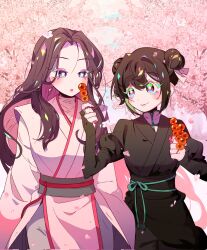 Rule 34 | 2girls, brown hair, cherry blossoms, closed mouth, commentary request, day, double bun, food, hair bun, highres, holding, holding food, hwangdo157, korean commentary, long hair, looking at another, multiple girls, outdoors, return of the mount hua sect, short hair, smile, star-shaped pupils, star (symbol), symbol-shaped pupils, tang soso (return of the mount hua sect), tree, yu iseol (return of the mount hua sect)