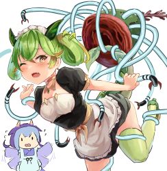 Rule 34 | 2girls, apron, blue hair, breasts, commentary, dragon girl, dragon horns, dragon tail, dragonmaid (yu-gi-oh!), duel monster, fang, gameplay mechanics, green hair, horns, laundry dragonmaid, maid, maid apron, multiple girls, one eye closed, paleozoic dinomischus, parlor dragonmaid, restrained, sexually suggestive, simple background, small breasts, tail, tentacles, twintails, unagishiro, wa maid, white background, yellow eyes, yu-gi-oh!