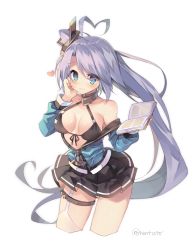 Rule 34 | 1girl, ahoge, azur lane, bare shoulders, between breasts, blue eyes, blush, breasts, cleavage, cropped legs, garter straps, heart, heart-shaped pupils, heart ahoge, large breasts, long hair, looking at viewer, portland (azur lane), rento (rukeai), side ponytail, skirt, smile, symbol-shaped pupils, very long hair