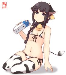 Rule 34 | 1girl, alternate costume, animal ears, animal print, artist logo, bell, bikini, black eyes, black hair, blunt bangs, braid, collarbone, commentary request, cow ears, cow horns, cow print, cow tail, cowbell, dated, ear tag, flat chest, highres, horns, kanon (kurogane knights), kantai collection, kitakami (kancolle), long hair, looking at viewer, navel, neck bell, print bikini, print thighhighs, simple background, single braid, sitting, solo, swimsuit, tail, thighhighs, wariza, white background