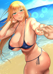 Rule 34 | 1girl, areola slip, ass, atago (kancolle), beach, bikini, blonde hair, blue bikini, blush, breasts, cleavage, covered erect nipples, curvy, day, artistic error, green eyes, holding hands, huge breasts, kantai collection, kayumidome, large areolae, light smile, long hair, looking at viewer, micro bikini, ocean, pointy breasts, pov, pov hands, side-tie bikini bottom, solo, spaghetti strap, strap slip, sweat, swimsuit, thick thighs, thighs, thong bikini, twisted torso, underboob