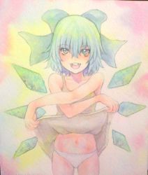 Rule 34 | 1girl, blue eyes, blue hair, bow, cirno, clothes lift, crossed arms, dress, dress lift, hair bow, highres, ice, ice wings, navel, open mouth, painting (medium), panties, sleeveless, sleeveless dress, smile, teeth, touhou, traditional media, underwear, watercolor (medium), wings, yuyu (00365676)