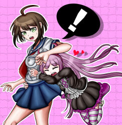 Rule 34 | 2girls, absurdly long hair, age difference, ahoge, arms around waist, arms up, asymmetrical legwear, asymmetrical thighhighs, black footwear, black jacket, black skirt, blue skirt, breasts, brown hair, child, closed eyes, collarbone, danganronpa (series), danganronpa another episode: ultra despair girls, exclamation mark, eyebrows, female focus, glomp, green eyes, hairband, hand up, headband, heart, horns, hug, jacket, jumping, large breasts, long hair, long sleeves, looking at viewer, looking down, messy hair, multicolored footwear, multiple girls, naegi komaru, onee-loli, open mouth, pink background, pink footwear, pink hairband, pink headband, pink headwear, pink horns, pink stripes, pink thighhighs, pink trim, red scarf, sailor collar, sailor shirt, scarf, shirt, short sleeves, simple background, skirt, speech bubble, standing, striped clothes, striped thighhighs, sweat, sweatdrop, teeth, thighhighs, tongue, twintails, upper teeth only, utsugi kotoko, very long hair, white shirt, white thighhighs, yuri