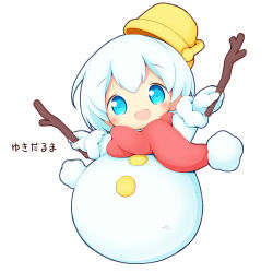 Rule 34 | 1girl, aikei ake, blue eyes, bucket, full body, fur-trimmed sleeves, fur trim, gloves, highres, holding, holding stick, long sleeves, original, personification, red scarf, scarf, simple background, snowman, solo, stick, translation request, white background, white gloves, white hair