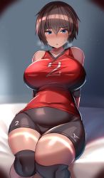 Rule 34 | 1girl, bare shoulders, black shorts, blue eyes, blush, breasts, breath, brown hair, covered navel, gym uniform, hair between eyes, highres, knee pads, large breasts, light particles, looking at viewer, nose blush, open mouth, original, red shirt, shirt, short hair, short shorts, shorts, sleeveless, sleeveless shirt, solo, sportswear, sweatdrop, thighs, tomboy, tsukunendo, volleyball uniform