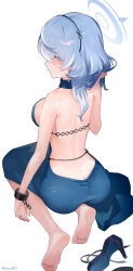 Rule 34 | 1girl, ainy, ako (blue archive), ako (dress) (blue archive), ass, back, backless dress, backless outfit, bare shoulders, barefoot, blue archive, blue hair, blue halo, breasts, butt crack, commentary request, dress, earrings, hairband, halo, highres, jewelry, large breasts, looking back, official alternate costume, seiza, simple background, sitting, sleeveless, sleeveless dress, solo, toes, unworn footwear, white background