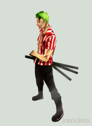 Rule 34 | 1boy, black pants, blood, boots, full body, green hair, grey background, highres, irenukia, male focus, one piece, pants, roronoa zoro, sabaody archipelago, sheath, sheathed, shirt, simple background, solo, striped clothes, striped shirt, sword, vertical stripes, weapon