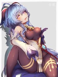 Rule 34 | 1girl, ahoge, bare shoulders, bell, blue hair, blush, bodystocking, bodysuit, grabbing another&#039;s breast, breasts, brown bodysuit, chinese knot, cowbell, curled horns, detached sleeves, ganyu (genshin impact), genshin impact, goat horns, gold trim, grabbing, highres, horns, large breasts, leotard, leotard under clothes, light blue hair, long hair, low ponytail, neck bell, open mouth, pantyhose, purple eyes, sando (dukedevil), grabbing own breast, spread legs, thighlet, thighs, tongue, vision (genshin impact), white sleeves