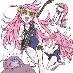 1girl alternate_costume barefoot blue_one-piece_swimsuit blush_stickers bocchi_the_rock! breasts cold_pack digital_thermometer drooling electric_guitar fake_facial_hair fake_mustache floating_hair flying_sweatdrops gloom_(expression) gotoh_hitori guitar head_back head_on_pillow holding holding_guitar holding_instrument holding_plectrum hugging_own_legs instrument jumping large_breasts long_hair mouth_hold multiple_views music new_school_swimsuit one-piece_swimsuit one_side_up open_mouth pink_hair playing_instrument plectrum school_swimsuit sick star-shaped_eyewear star_(symbol) sunglasses swimsuit thermometer truffleduster under_covers v-shaped_eyebrows