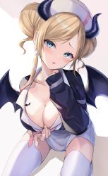 Rule 34 | 1girl, absurdres, black jacket, blonde hair, blush, breasts, cleavage, demon girl, demon horns, demon wings, double bun, green eyes, hair bun, hair ribbon, hat, highres, hololive, horns, jacket, large breasts, long hair, long sleeves, looking at viewer, nurse cap, open mouth, pi tayuko, ribbon, sleeves past wrists, solo, thighhighs, virtual youtuber, white thighhighs, wings, yuzuki choco, yuzuki choco (nurse), zettai ryouiki