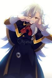 Rule 34 | 1girl, ahoge, ascot, black capelet, black dress, braid, buttons, capelet, character name, commentary request, crying, crying with eyes open, dress, echo (circa), fate/grand order, fate (series), hair between eyes, long hair, long sleeves, lord el-melloi ii case files, olga marie animusphere, one eye closed, red ascot, side braid, simple background, single braid, solo, tears, teeth, twitter username, white background, white hair, yellow eyes