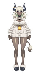 Rule 34 | 1girl, animal ears, bare legs, bell, blush, breasts, cleavage, cleavage cutout, clothing cutout, cow ears, cow girl, cow tail, cowbell, dark-skinned female, dark skin, dress, gloves, highres, hoof shoes, horn ornament, horn ring, horns, large breasts, medium hair, mimizu (tokagex), multicolored eyes, off-shoulder sweater, off shoulder, original, platinum blonde hair, simple background, slippers, solo, sweater, sweater dress, tachi-e, tail, underbust, white background, white sweater, wide hips