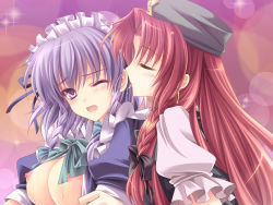 Rule 34 | 2girls, beret, blush, bow, braid, breasts, closed eyes, ear licking, earrings, embodiment of scarlet devil, female focus, hair bow, hat, highres, hong meiling, hoop earrings, izayoi sakuya, jewelry, licking, long hair, maid headdress, medium breasts, monety, multiple girls, nipples, one eye closed, open clothes, open mouth, profile, purple eyes, red hair, saliva, saliva trail, short hair, silver hair, simple background, sweat, touhou, twin braids, upper body, very long hair, wink, yuri
