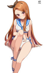 Rule 34 | 1girl, black hairband, blush, breasts, brown hair, commentary, dated, hairband, highres, idolmaster, idolmaster (classic), legs, long hair, medium breasts, midriff, minase iori, myeolchi, parted bangs, signature, simple background, sitting, solo, white background