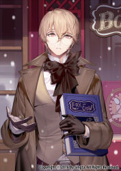 Rule 34 | 1boy, belt, blonde hair, book, bow, bowtie, brown belt, brown bow, brown bowtie, brown coat, brown gloves, brown vest, carchet, coat, copyright notice, double-parted bangs, glasses, gloves, hair between eyes, holding, holding book, korean commentary, krylov (sid story), looking at viewer, male focus, official art, open clothes, open coat, open hand, orange eyes, parted lips, popped collar, round eyewear, shirt, short hair, sid story, snow, solo, storefront, two-tone gloves, upper body, vest, white shirt