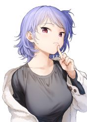 Rule 34 | 1girl, black shirt, blouse, blue hair, breasts, closed mouth, collarbone, dot nose, finger to mouth, from side, fur, grey shirt, hair behind ear, hand up, highres, index finger raised, large breasts, light blue hair, light blush, light purple hair, long sleeves, looking at viewer, looking down, looking to the side, off shoulder, one side up, open clothes, original, pink eyes, red eyes, sekiya asami, shirt, short hair, simple background, sleeve cuffs, solo, swept bangs, thinking, tsurime, upper body, white background