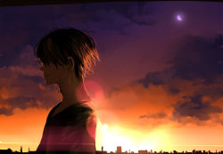 Rule 34 | 1boy, black hair, blurry, bokeh, building, closed mouth, cloud, crescent moon, depth of field, from side, hair over eyes, kyouichi, lens flare, male focus, moon, orange sky, original, outdoors, purple moon, purple sky, sky, solo, sunset, upper body