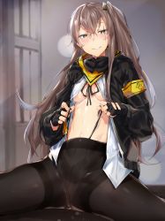 Rule 34 | 1girl, armband, ass, black panties, black pantyhose, black ribbon, blurry, blurry background, blush, breasts, brown hair, commentary request, crossed bangs, fingerless gloves, girls&#039; frontline, gloves, hair between eyes, hair ornament, highres, hood, hood down, hooded jacket, indoors, jacket, long hair, long sleeves, looking at viewer, navel, neck ribbon, no bra, no pants, one side up, open clothes, open jacket, open shirt, panties, panties under pantyhose, pantyhose, parted lips, ribbon, scar, scar across eye, scar on face, scarf, shirt, side-tie panties, sidelocks, small breasts, smile, stomach, straddling, thighband pantyhose, twitter username, ump45 (girls&#039; frontline), underboob, underwear, undressing, uno ryoku, untied panties, white shirt, yellow eyes