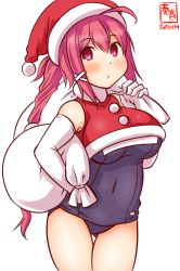 Rule 34 | 1girl, artist logo, blouse, blue one-piece swimsuit, blush, breasts, christmas, covered navel, cowboy shot, dated, elbow gloves, fur-trimmed headwear, fur collar, fur trim, gloves, hair between eyes, hair ribbon, hat, holding, holding sack, i-168 (kancolle), kanon (kurogane knights), kantai collection, long hair, looking at viewer, medium breasts, merry christmas, one-hour drawing challenge, one-piece swimsuit, pink hair, ponytail, red eyes, red hair, red shirt, ribbon, sack, santa costume, santa hat, school swimsuit, shirt, simple background, solo, swimsuit, swimsuit under clothes, white background, white gloves