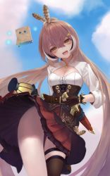 Rule 34 | 1girl, absurdres, ahoge, blue sky, breasts, brown hair, cleavage, dagger, fangs, feather hair ornament, feathers, friend (nanashi mumei), from below, hair ornament, highres, hololive, hololive english, knife, lantern, long hair, looking at viewer, nanashi mumei, shrug (clothing), single thighhigh, sky, smile, solo, thighhighs, thighs, twintails, very long hair, virtual youtuber, weapon, whonyang, yellow eyes