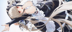 Rule 34 | 1girl, absurdres, arm behind head, arm up, azur lane, between breasts, breasts, cleavage, commentary request, dress, feather trim, fingernails, formidable (azur lane), frills, gradient background, grey hair, highres, large breasts, long hair, long skirt, looking at viewer, maid, nail polish, open mouth, red eyes, shiny skin, simple background, skirt, smile, solo, swkl:d, twintails