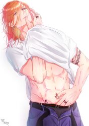 Rule 34 | 1boy, arm tattoo, belt, blue eyes, blue pants, character request, closed mouth, clothes lift, copyright request, earrings, grey male underwear, guilty challenge (meme), highres, jewelry, long hair, male focus, male underwear, meme, muscular, muscular male, navel, orange hair, pants, rennyuu ichigo, shirt, shirt lift, solo, stomach, tattoo, underwear, white shirt