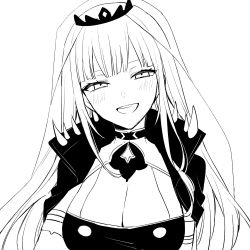 Rule 34 | 1girl, aneco (westsea1227), cloak, eyelashes, grey background, greyscale, half-closed eyes, highres, hololive, hololive english, long hair, looking at viewer, monochrome, mori calliope, open mouth, see-through, simple background, smile, solo, spikes, tiara, upper body, veil, virtual youtuber, white background