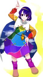 Rule 34 | 1girl, absurdres, aura, bad id, bad pixiv id, blue eyes, blue hair, boots, cape, cloak, dress, hairband, highres, long sleeves, multicolored clothes, multicolored dress, multicolored hairband, patchwork clothes, pointing, pointing down, pointing up, purple footwear, rainbow gradient, red button, short hair, simple background, sky print, smile, tenkyuu chimata, touhou, two-sided cape, two-sided fabric, white background, white cape, white cloak, yellow bag, yosususususu, zipper, zipper pull tab