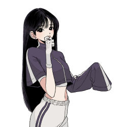 Rule 34 | 1girl, asymmetrical sleeves, black eyes, black hair, breasts, cowboy shot, crop top, crop top overhang, ear piercing, gloves, hand up, heart, jacket, jewelry, layered sleeves, long hair, long sleeves, looking at viewer, midriff, muryo, original, outstretched hand, pants, piercing, ring, short sleeves, simple background, sleeves past fingers, sleeves past wrists, solo, straight hair, track jacket, track pants, turtleneck, undershirt, white background, white gloves, white pants, zipper