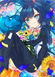 1girl ado_(utaite) black_coat black_pants blue_eyes blue_flower blue_hair blue_rose blush chando_(ado) closed_mouth coat commentary_request confetti floating_hair flower hair_spread_out highres holding holding_flower long_hair long_sleeves looking_at_viewer mole mole_under_eye open_clothes open_coat pants rose solo sunflower utaite yowai_sansei831