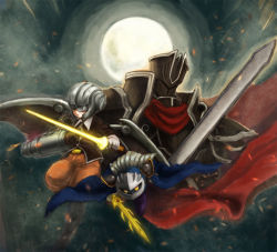 Rule 34 | 2boys, arm cannon, armor, black knight (fire emblem), cape, claus (mother 3), company connection, crossover, fire emblem, fire emblem: path of radiance, full armor, galaxia (sword), gloves, helmet, kirby (series), male focus, mask, masked man (mother 3), meta knight, mother (game), mother 3, multiple boys, nintendo, piranosuke, spoilers, sword, trait connection, weapon, yellow eyes