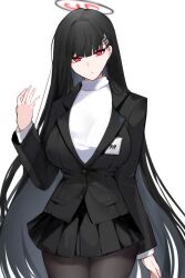Rule 34 | 1girl, black hair, black pantyhose, black skirt, black suit, blazer, blue archive, breasts, expressionless, formal, hair ornament, halo, highres, id card, jacket, large breasts, long hair, long sleeves, looking at viewer, mechanical halo, mindoll, pantyhose, red eyes, rio (blue archive), simple background, skirt, sleeves past wrists, solo, suit, sweater, turtleneck, turtleneck sweater, very long hair, white sweater