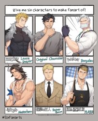 Rule 34 | 00047, 6+boys, abs, absurdres, aged up, animal ears, apron, arknights, bara, bare shoulders, beard, biceps, bishounen, black collar, black hair, black shirt, blonde hair, brown eyes, brown hair, character name, collar, copyright name, covered abs, covered navel, cow boy, cow ears, cow horns, creatures (company), crossover, drayden (pokemon), earrings, english text, facial hair, fairy tail, fictional persona, final fantasy, final fantasy xiv, flexing, formal, game freak, goatee, grey shirt, highres, holding, holding umbrella, horns, hyur, jacket, jacket on shoulders, jewelry, laxus dreyar, long sideburns, looking at viewer, male focus, matterhorn (arknights), matterhorn (beach guard) (arknights), mature male, medium hair, military, military uniform, multiple boys, multiple crossover, multiple drawing challenge, muscular, muscular male, necklace, necktie, nintendo, nipples, official alternate costume, old, old man, original, partially unbuttoned, pokemon, pokemon bw, reiner braun, shingeki no kyojin, shirt, short hair, sideburns, six fanarts challenge, sleeves rolled up, smile, stubble, taut clothes, taut shirt, tight clothes, tight shirt, tooth necklace, umbrella, uniform, upper body, v, warrior of light (ff14), white hair