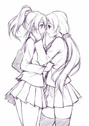 Rule 34 | 10s, 2girls, :o, ayase eli, bag, blazer, caidychen, cowboy shot, eye contact, from side, hand on another&#039;s cheek, hand on another&#039;s face, imminent kiss, jacket, looking at another, love live!, love live! school idol project, low twintails, monochrome, multiple girls, parted lips, pleated skirt, ponytail, profile, school bag, school uniform, shirt grab, sketch, skirt, tears, thighhighs, tojo nozomi, twintails, yuri, zettai ryouiki