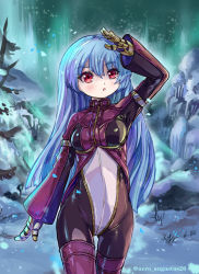 Rule 34 | arm belt, aurora, blue hair, bodysuit, breasts, chaps, commentary request, eyelashes, gauntlets, gloves, groin, hand up, highres, jacket, kula diamond, light blue hair, light blush, long hair, long sleeves, looking away, medium breasts, multicolored bodysuit, multicolored clothes, nero augustus, night, night sky, open mouth, pine tree, purple jacket, red eyes, sidelocks, sky, snow, snowing, solo, the king of fighters, thighs, tree, twitter username, yellow gloves, zipper