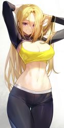 Rule 34 | 1girl, arms behind head, arms up, black pants, blonde hair, breasts, cleavage, cowboy shot, crop top, goomrrat, grin, hair over one eye, highres, large breasts, long hair, long sleeves, looking at viewer, midriff, navel, original, pants, purple eyes, shrug (clothing), simple background, sleeveless, smile, solo, sports bra, stomach, thigh gap, white background, yoga pants