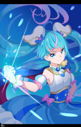 Rule 34 | 1girl, artist name, blue cape, blue eyes, blue hair, bow, brooch, cape, commentary, cure sky, cut bangs, detached sleeves, diffraction spikes, dress, dress bow, earrings, fingerless gloves, gloves, gradient hair, hand on own hip, highres, hirogaru sky! precure, jewelry, letterboxed, long hair, magical girl, medium dress, mochi curry, multicolored hair, pink hair, precure, puffy detached sleeves, puffy sleeves, red cape, signature, single sidelock, sleeveless, sleeveless dress, smile, solo, sora harewataru, streaked hair, twintails, two-sided cape, two-sided fabric, very long hair, white gloves, wind, wing brooch, wing hair ornament