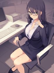 Rule 34 | 1girl, black-framed eyewear, black bra, black footwear, black jacket, black skirt, bra, breasts, brown eyes, brown hair, button gap, chair, cleavage, collar, commentary request, cubicle, desk, dress shirt, formal, from above, glasses, hair between eyes, highres, icomochi, indoors, jacket, keyboard (computer), lace, lace bra, large breasts, long hair, long sleeves, looking at viewer, miniskirt, monitor, mouse (computer), mousepad (object), office chair, office lady, original, paper, pencil skirt, shirt, sitting, skirt, skirt suit, smile, solo, suit, swivel chair, thighs, tile floor, tiles, underwear, white shirt