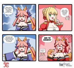 Rule 34 | 3girls, 4koma, ahoge, animal collar, animal ear fluff, animal ears, animal hands, annoyed, artist logo, bell, blonde hair, blue background, blue bow, blue kimono, blush, bow, braid, breasts, claws, cleavage, closed eyes, collar, collarbone, comic, commentary, copyright name, detached collar, detached sleeves, emphasis lines, english commentary, english text, engrish text, epaulettes, fang, fate/extra, fate/grand order, fate (series), fox ears, fox girl, fox tail, french braid, glasses, green eyes, hair bow, hair ribbon, highres, japanese clothes, jingle bell, keita naruzawa, kimono, koyanskaya (fate), large breasts, long sleeves, looking at viewer, looking to the side, multiple girls, neck bell, nero claudius (fate), nero claudius (fate) (all), nero claudius (fate/extra), open mouth, pink background, pink bow, pink hair, pointing, pointing at self, ponytail, puffy sleeves, ranguage, red bow, red collar, red kimono, red ribbon, ribbon, side ponytail, sidelocks, speech bubble, split ponytail, sweatdrop, tail, tamamo (fate), tamamo cat (fate), tamamo cat (first ascension) (fate), tamamo no mae (fate/extra), teeth, v-shaped eyebrows, wide sleeves, yellow eyes