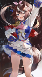 Rule 34 | 1girl, ;d, animal ears, arm up, ascot, belt, blue eyes, blue ribbon, blush, breasts, brown hair, capelet, concert, epaulettes, feet out of frame, glowstick, hair ribbon, hand on own hip, high ponytail, highres, horse ears, horse girl, horse tail, long hair, long sleeves, medium breasts, miniskirt, multicolored hair, one eye closed, open mouth, pink ascot, pink ribbon, pleated skirt, red capelet, ribbon, single epaulette, skirt, smile, soraneko hino, standing, streaked hair, tail, tears, tokai teio (umamusume), two-tone skirt, umamusume, very long hair, white hair