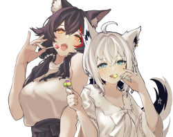 Rule 34 | 2girls, absurdres, ahoge, animal ear fluff, animal ears, black hair, blue eyes, blue nails, brown eyes, candy, ear piercing, food, food in mouth, fox ears, hair between eyes, hair over shoulder, highres, holding, holding candy, holding food, holding lollipop, hololive, lollipop, long hair, looking at viewer, multicolored hair, multiple girls, nail polish, ookami mio, ookami mio (street), open mouth, piercing, red hair, red nails, samgo, shirakami fubuki, shirakami fubuki (street), shirt, sleeveless, sleeveless shirt, streaked hair, tongue, tongue out, upper body, virtual youtuber, white background, white hair, white shirt
