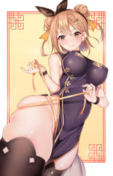 Rule 34 | alternate costume, atelier (series), atelier ryza, atelier ryza 1, black dress, black hairband, blush, breasts, brown hair, brown thighhighs, china dress, chinese clothes, commentary request, covered navel, dress, hair bun, hairband, highres, kippuru, large breasts, looking at viewer, reisalin stout, short hair, single hair bun, sleeveless, sleeveless dress, smile, solo, thick thighs, thighhighs, thighs, yellow eyes