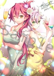 Rule 34 | 2girls, absurdres, ahoge, bracelet, cherry, commission, cup, curtained hair, dated, double-parted bangs, dress, drinking glass, earrings, eiyuu densetsu, falcom, fie claussell, food, fruit, green eyes, hair between eyes, highres, holding, holding cup, jewelry, long hair, multiple girls, necklace, pink hair, sample watermark, sara valestein, sen no kiseki, signature, skeb commission, smile, sparkle, tinybiard, twitter username, watermark, wine glass, yellow eyes