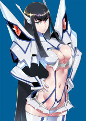 Rule 34 | 1girl, black hair, blue background, blue eyes, breasts, cleavage, elbow gloves, gloves, hands on own hips, high collar, highres, ippo, junketsu, kamui (kill la kill), kill la kill, kiryuuin satsuki, large breasts, long hair, looking at viewer, microskirt, navel, revealing clothes, sidelocks, simple background, skirt, thick eyebrows, very long hair, white gloves, white legwear