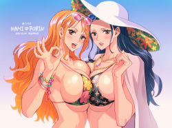 Rule 34 | 2girls, bikini, black hair, blush, breast press, breasts, brown eyes, cleavage, hat, jewelry, large breasts, long hair, looking at viewer, multiple girls, nami (one piece), necklace, nico robin, ok sign, one piece, orange hair, shiny skin, simple background, sun hat, sunglasses, sweat, sweatdrop, swimsuit, tagme, tongue, tongue out, underboob, very long hair, youkan (tako)