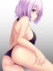 Rule 34 | 1girl, alternate costume, artist name, ass, bikini, breasts, contemporary, fate/grand order, fate (series), from behind, gradient background, hair over one eye, highres, large breasts, lips, looking at viewer, mash kyrielight, midriff, parted lips, purple bikini, purple eyes, purple hair, rods, short hair, sideboob, simple background, solo, swimsuit, thighs